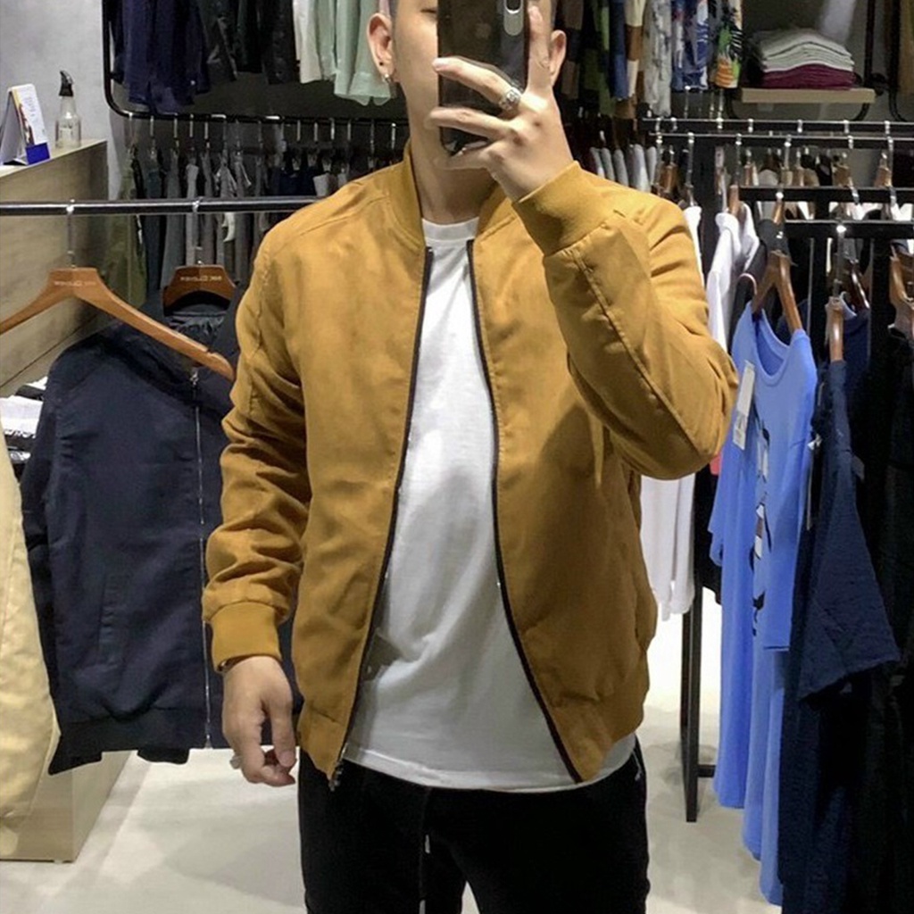 Áo khoác da lộn mùa đông khoác nam bomber gió lót vải hai lớp dày dặn