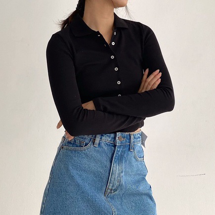 Áo len polo khuy trước đen Mia Ritta A3004