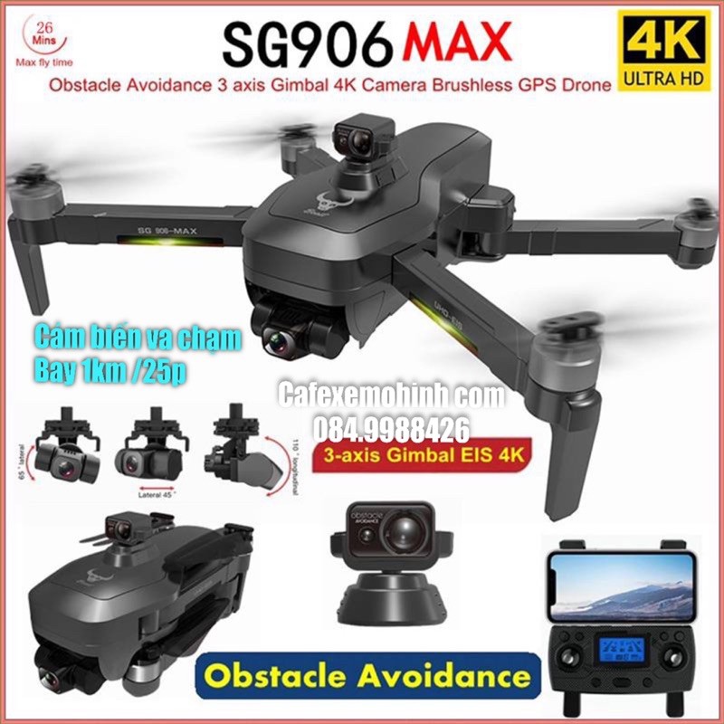 Flycam Sg906 Max bản 4k gimbal 3 trục cảm biến va chạm bay 1km brushless motor tặng balo