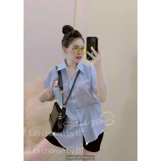 Sét sơmi sọc hình thêu quần thun ngố free size dưới 53kg
