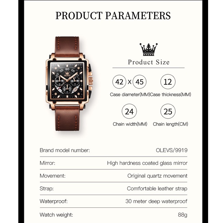 Đồng hồ OLEVS 9919 mặt hình vuông với dây đeo bằng da thú chống thấm nước đa năng thời trang cho nam | BigBuy360 - bigbuy360.vn