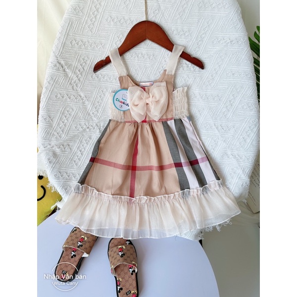 Xả Váy kẻ nơ 2 dây bản to cho bé gái