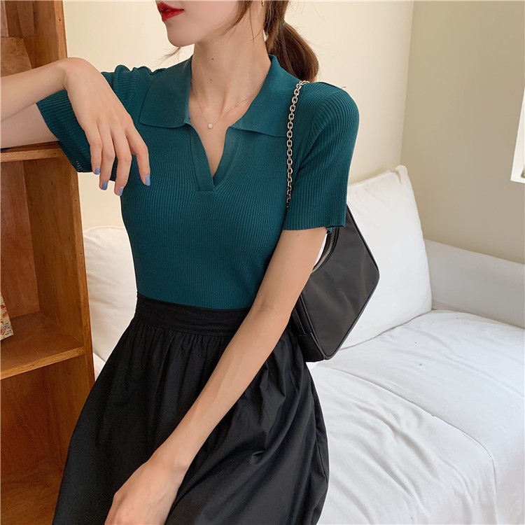 Áo dệt kim tay ngắn cổ chữ v dáng ôm 10 màu lựa chọn | BigBuy360 - bigbuy360.vn