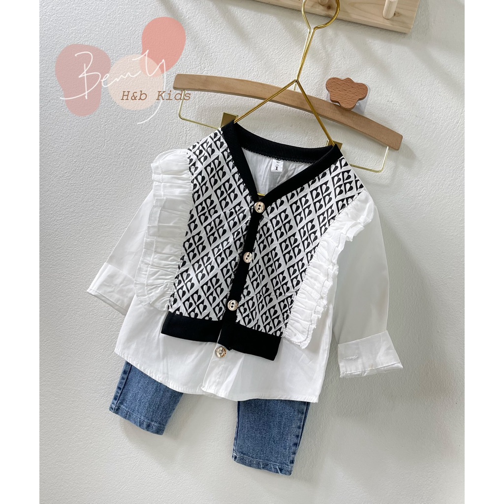 Set áo họa tiết thổ cẩm quần jean bé gái