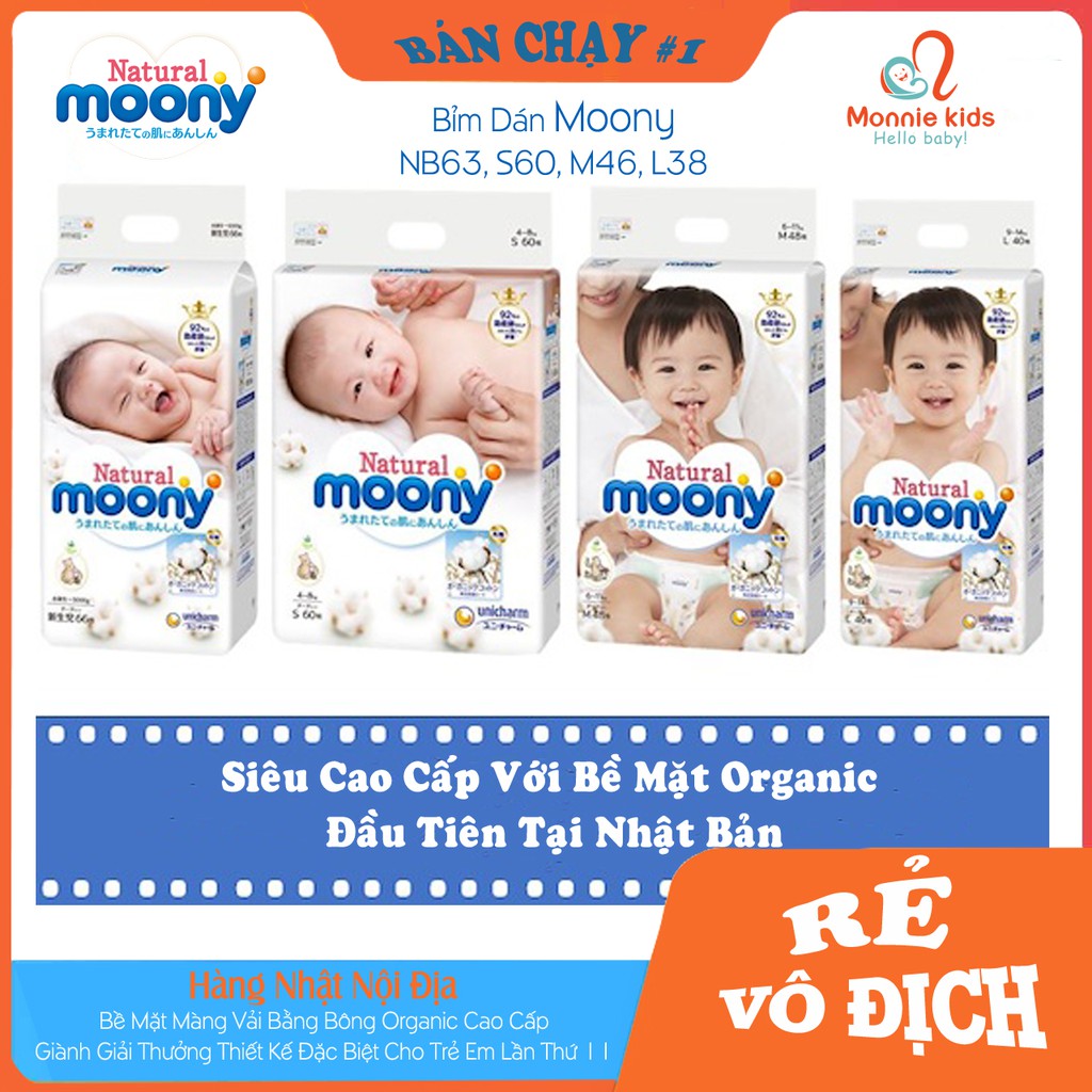 Bỉm Tã Dán MOONY NATURAL Bề Mặt Bông Organic Nội Địa Nhật Size NB63/S58/M46/L38