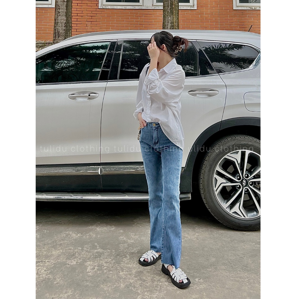 Quần Jean Ống Loe Lưng Cao Màu Xanh Nhạt Gấu Cắt Co Giãn TULIDU Quần Bò Ống Loe Flared Jean #LY23