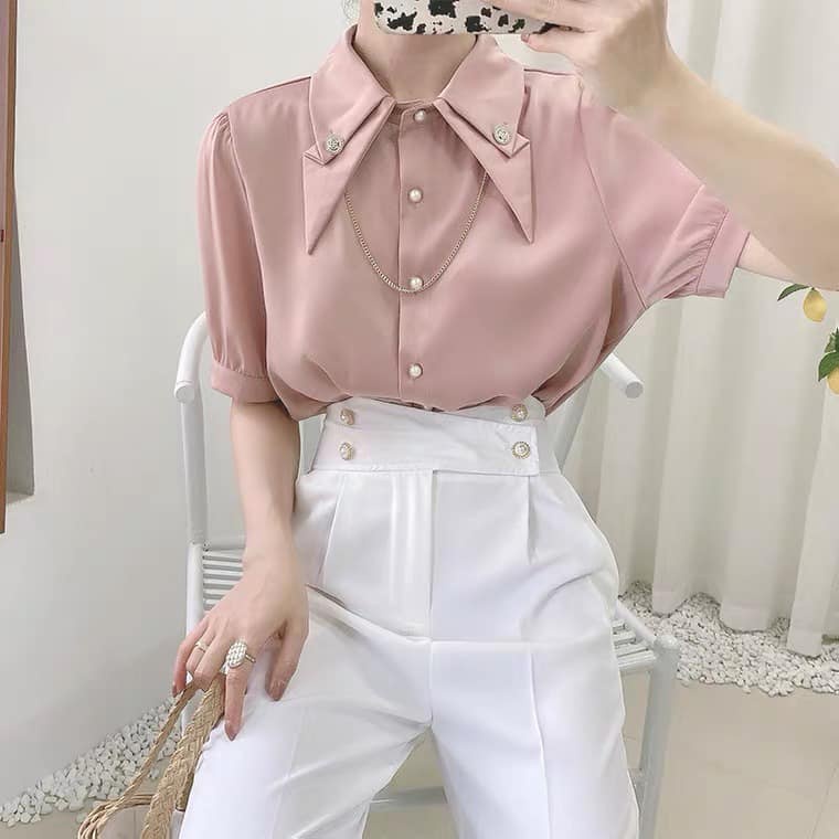 Áo sơ mi nữ vải lụa quảng châu trơn bóng cổ bẻ cách điệu tay phồng basic sang chảnh thời trang nữ công sở