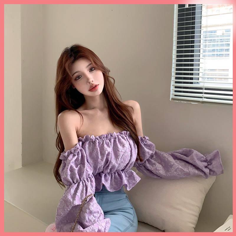 áo khoác croptop nữ bigsize cardigan croptop Áo sơ mi thắt eo thiết kế tay phồng dài dáng ngắn ôm màu đen áo trễ vai mùa thu cho nữ nấm