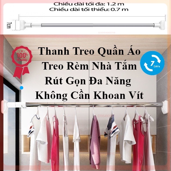 Thanh Treo Quần Áo Treo Rèm Nhà Tắm Rút Gọn Đa Năng Không Cần Khoan Vít, Chất Liệu Inox Chắc Chắn