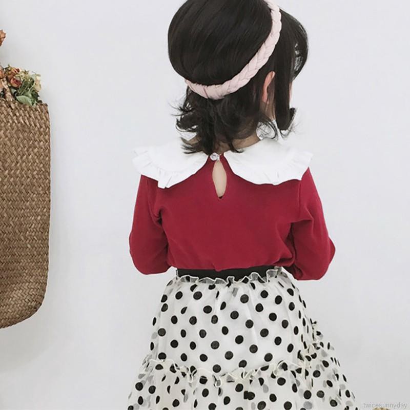 Áo thun tay dài phối bèo màu trơn cho bé gái