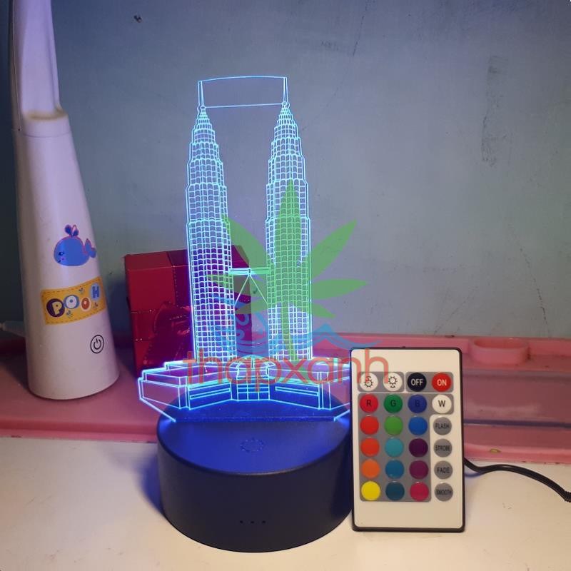 Đèn ngủ, Đèn trang trí Led 3D, Đèn ngủ 16 màu mini có điều khiển Tòa Tháp Đôi
