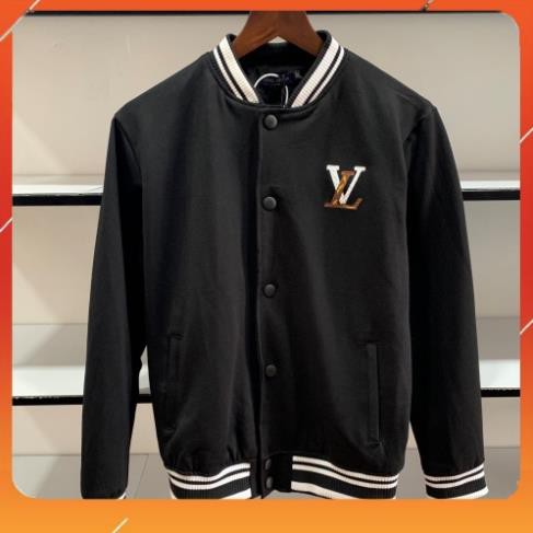 Áo Bomber Nam LV Chữ Thêu, Kẻ Vạch Trắng Ống Tay Và Cổ - Áo Khoác Nam Thu Đông Mẫu Mới 2021 - Áo Khoác Nam 2 Lớp.