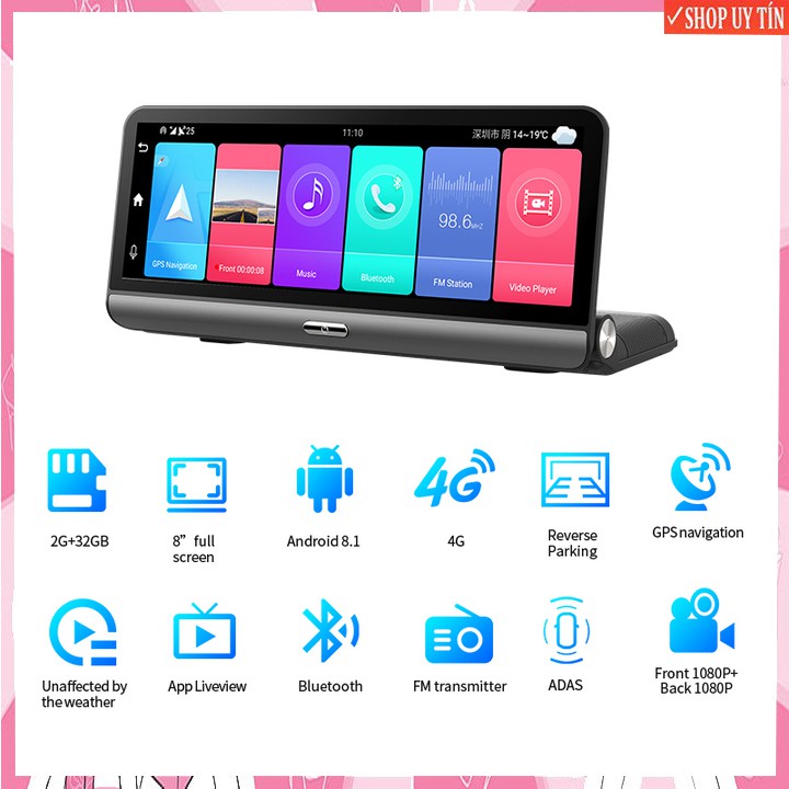 Camera hành trình tích hợp cam lùi Phisung P03 đặt taplo ô tô 4G, wifi, 8 inch - Hàng Nhập Khẩu (Bảo hành 12 tháng)