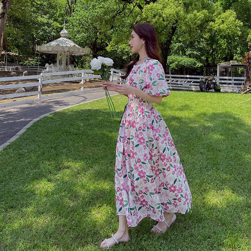 Váy hoa chun eo tay phồng, đầm hoa nhí vitage ảnh thật khách mặc