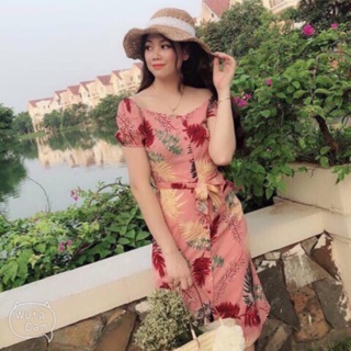 Đầm hoa trễ vai thắt nơ eo siêu xinh