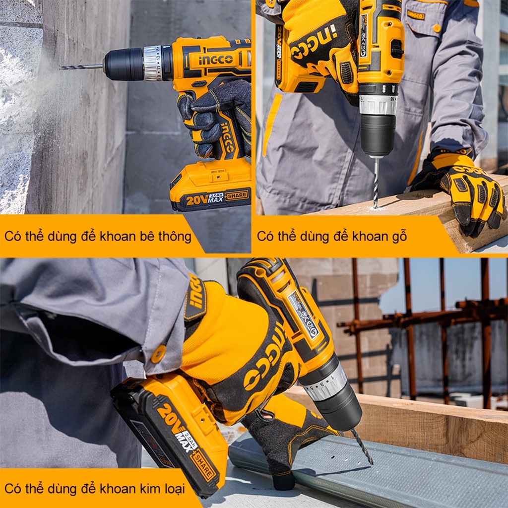 Bộ máy máy khoan pin 3 chức năng INGCO CIDLI200215, máy khona búa pin 20V kèm theo 2 pin, 1 củ sạc 2h, vali đựng đẹp