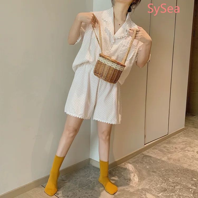 Bộ Đồ Ngủ ngắn tay Phối Ren Họa Tiết Chấm Bi Thời Trang Mùa Hè Cho Nữ