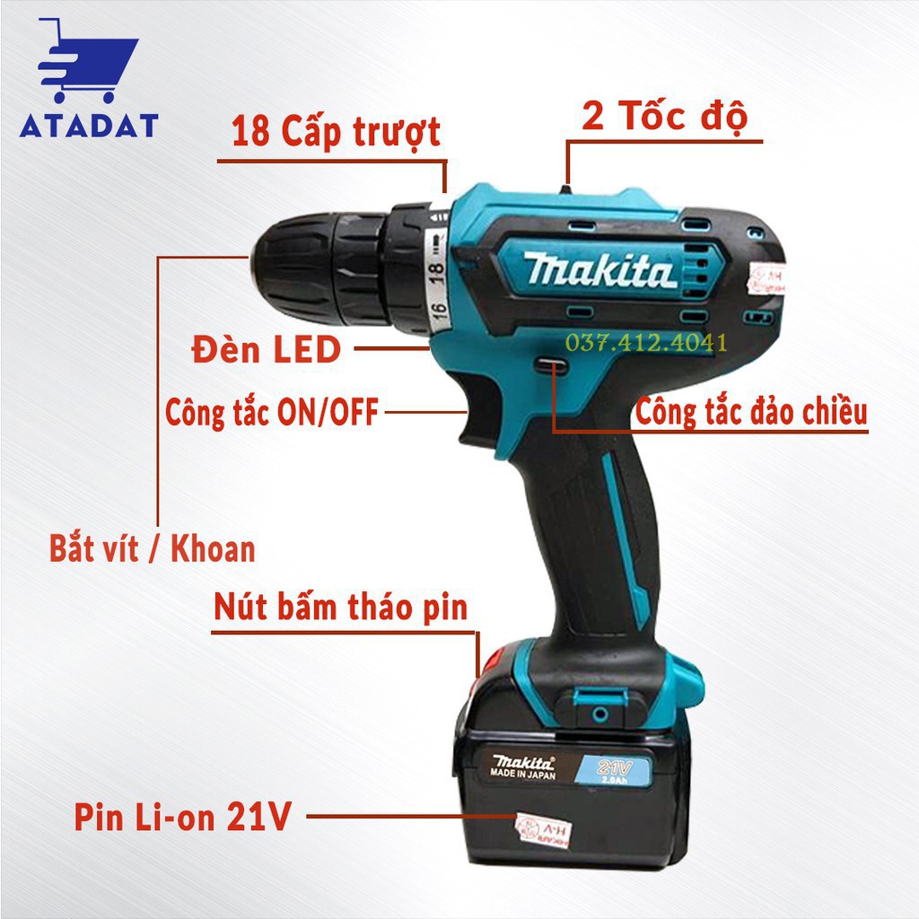 MÁY Khoan Pin vuông MAKITA 21V 2 CHỨC NĂNG ( khoan, bắt vít ) - TẶNG 1 mũi khoan +1 mũi vít , MAKITA chữ nổi, 100% Đồng