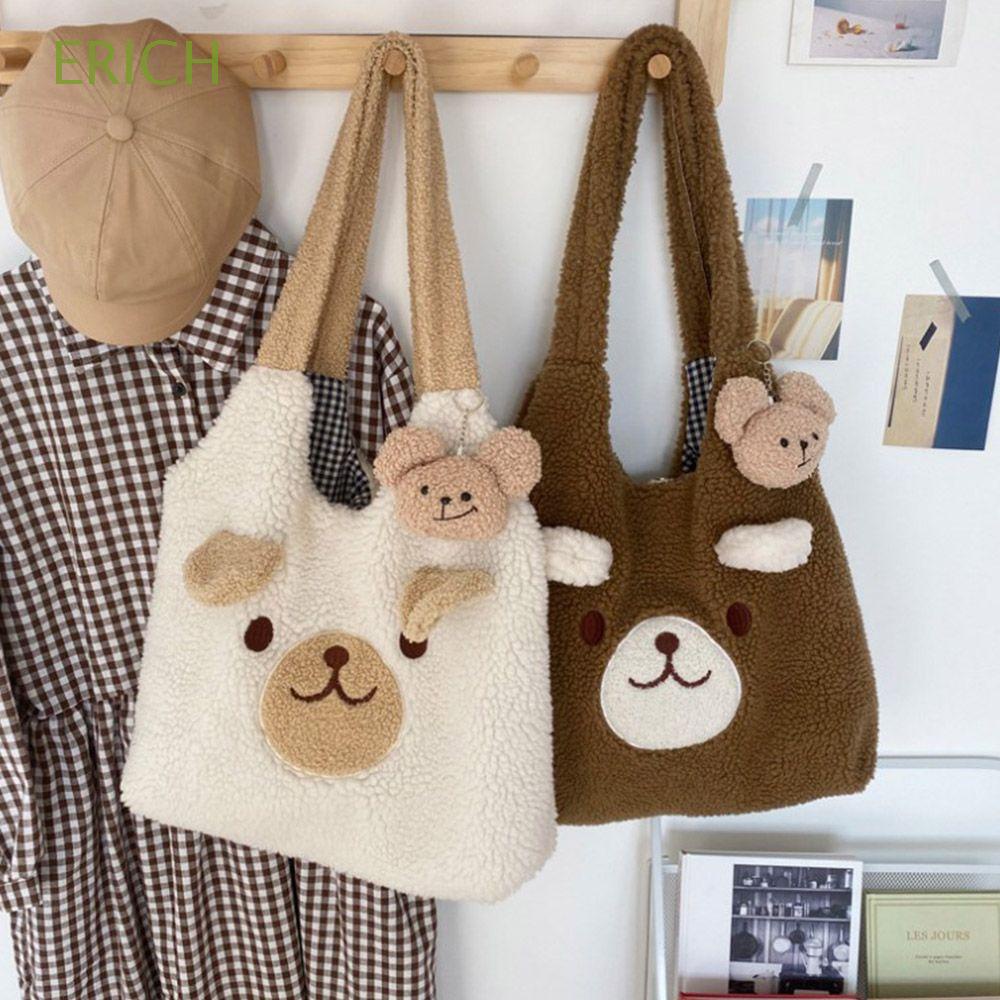 Túi xách đeo vai bằng vải canvas mềm mại sức chứa lớn hình gấu bông đáng yêu