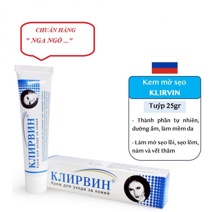 Kem dưỡng da, làm mờ sẹo Klirvin Cream Nga, sẹo lồi, sẹo lõm, rạn da, phục hồi tổn thương da (25g/ tuyb)