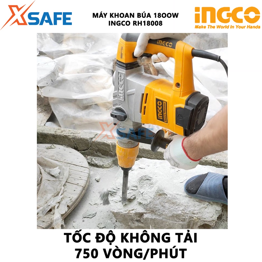 Máy khoan đục INGCO RH18008 công suất 1800W, đầu gài sds, tốc độ 850rpm, tốc độ đập 4200bpm, lực đập 7.0j - chính hãng