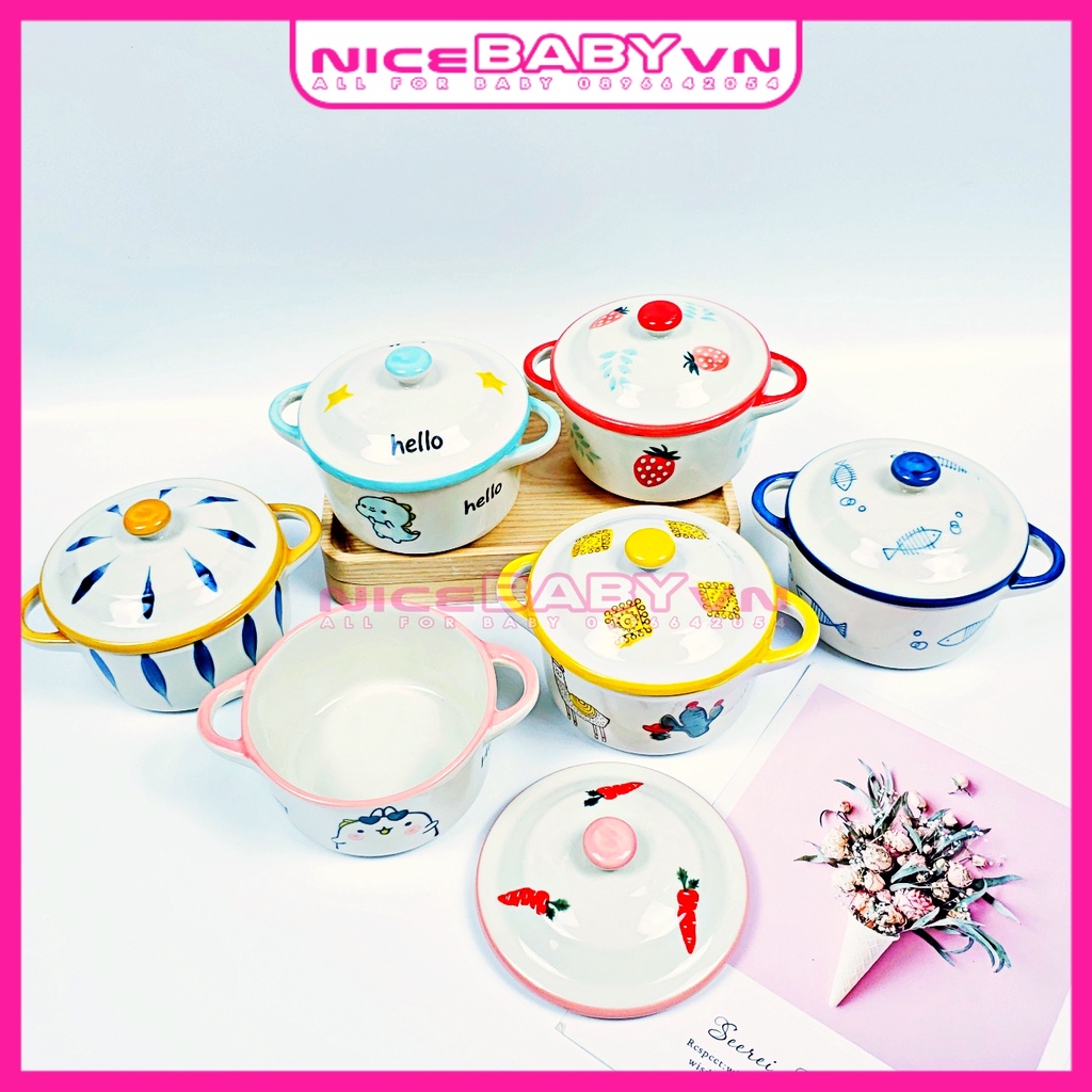 Bát Ăn Dặm Gốm Sứ Hình Nồi Họa Tiết Có Nắp Cho Bé 200ml NiceBabyVn