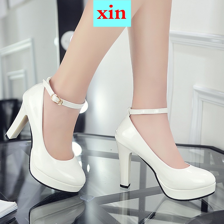 Giày cao gót da bóng mũi tròn chống thấm nước thiết kế thời trang mùa thu hàn quốc cho nữ