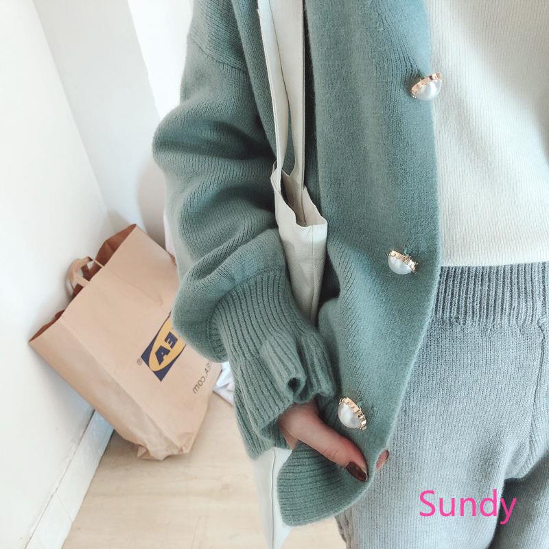 Áo khoác dệt kim màu trơn dáng rộng thời trang mùa thu dành cho nữ