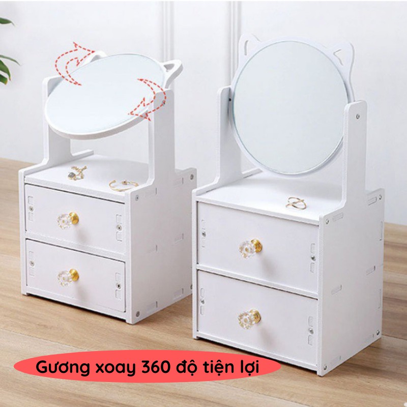 Kệ đựng mỹ phẩm mini màu trắng để bàn 2 ngăn kéo có gương tai mèo để đồ trang điểm ngăn nắp tiện lợi