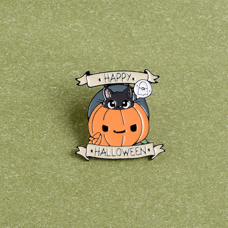 Ghim cài áo QIHE JEWELRY tráng men hình bí ngô mèo đen bóng ma trang trí Halloween vui nhộn