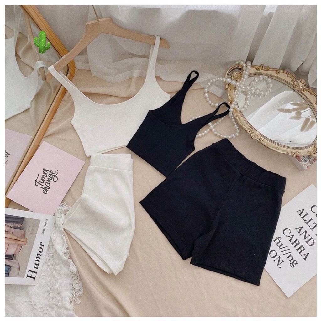 Set áo 2 dây hở lưng cổ u quần đùi gân PC50