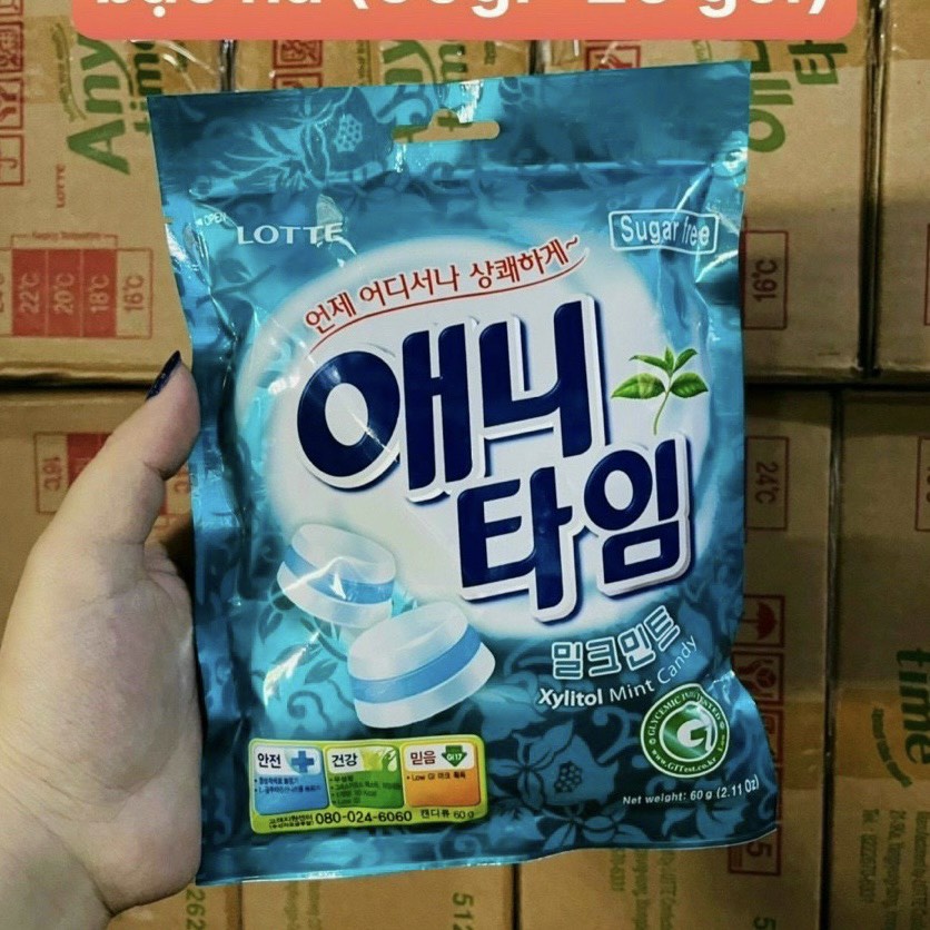 [3 vị] Kẹo không đường xylitol bạc hà, đào &amp; chanh Lotte Anytime 60gr (Sugar free), đồ ăn vặt ăn kiêng ngon rẻ