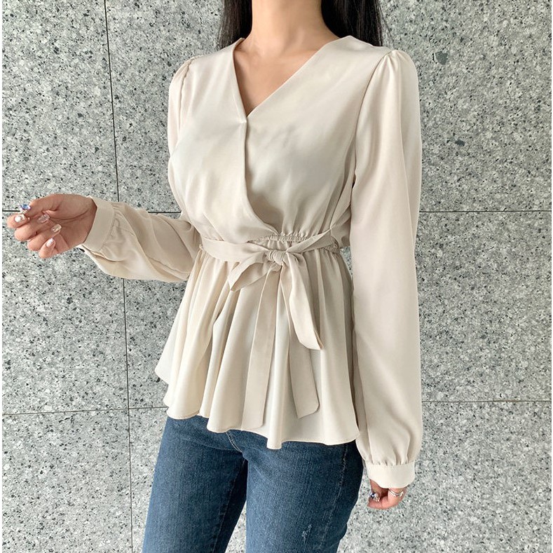 Áo kiểu nữ tay dài cổ chữ V thời trang Hàn Quốc 32531