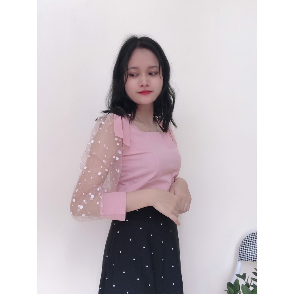 Áo kiểu cổ vuông phối tay ren chấm bi,đính nơ xinh xắn MSA3 cho bạn nữ ( ảnh thật)