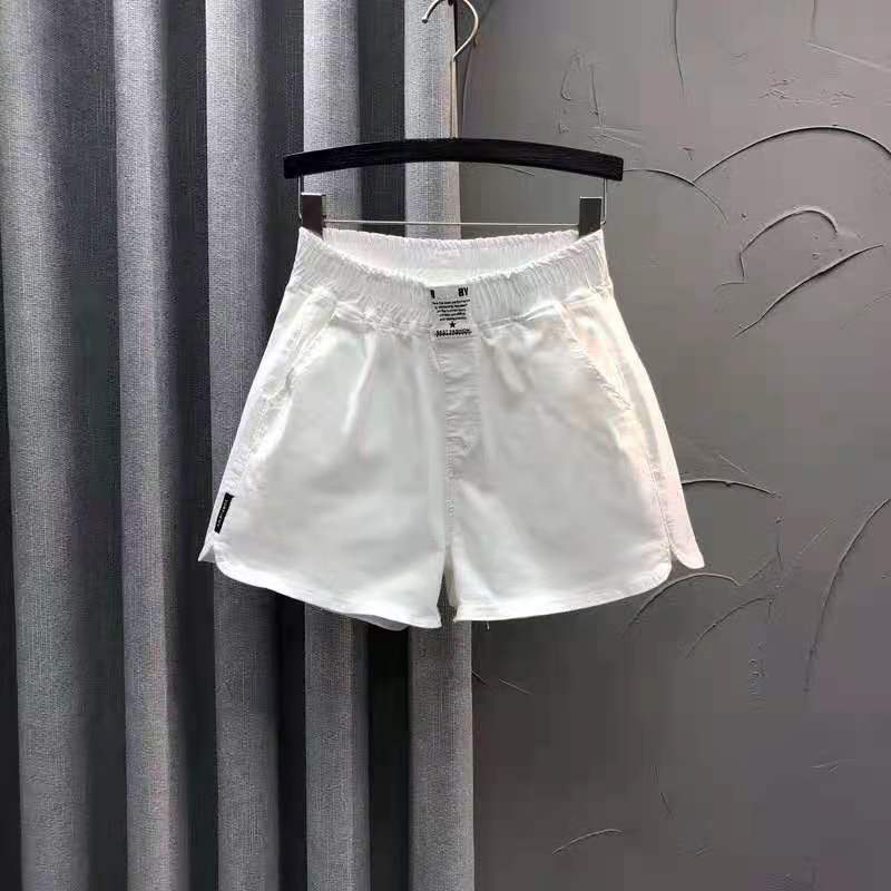 Quần short denim trắng chữ A lưng thun thể thao nóng bỏng Châu Âu