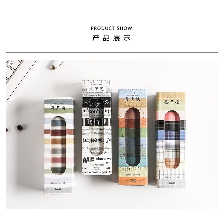 Set 10 cuộn băng keo Infeel.Me họa tiết caro chữ cái màu morandi dùng trang tró album DIY