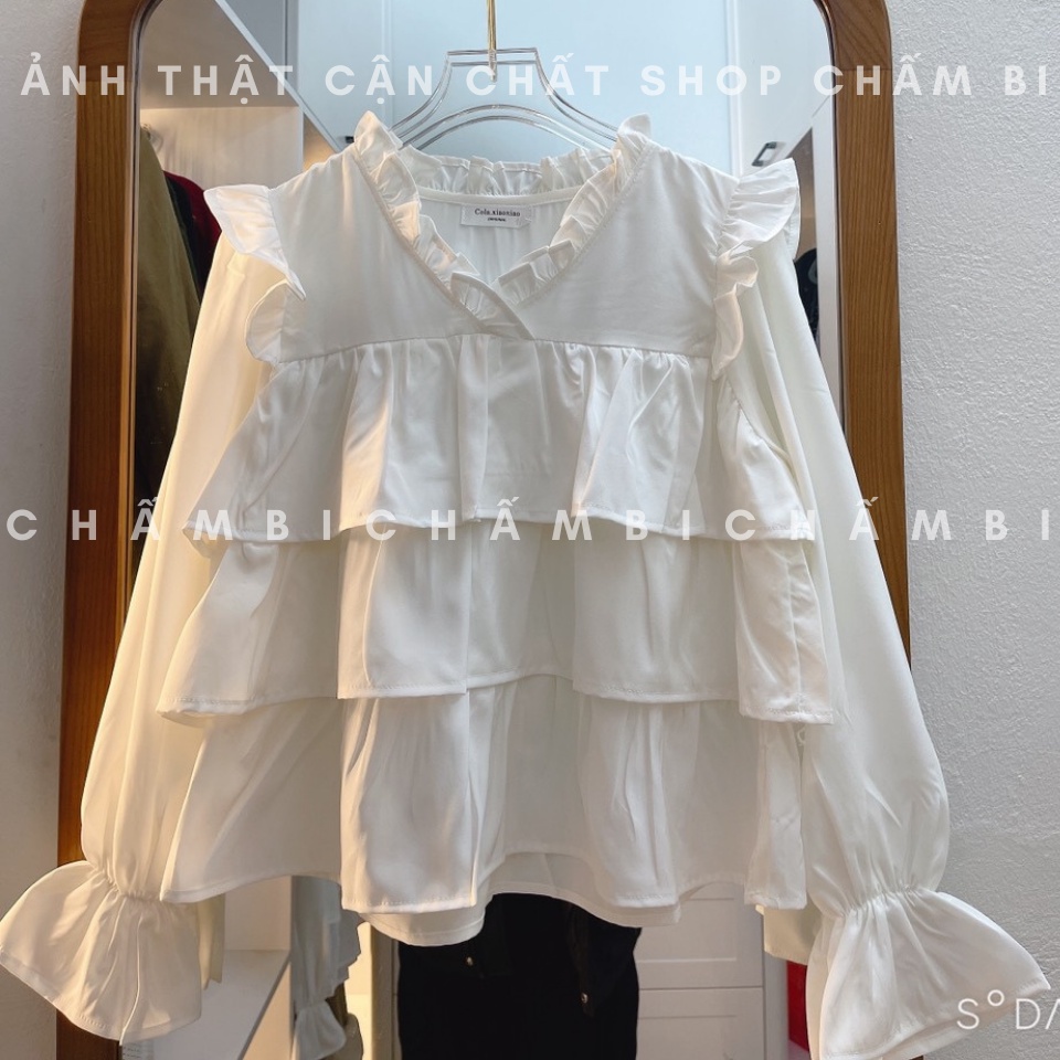 Áo kiểu nữ bánh bèo A.290, Áo sơ mi babydoll dài tay 3 tầng bèo xòe tay bo bèo nhẹ cổ tim cách điệu ngọt ngào cực xinh