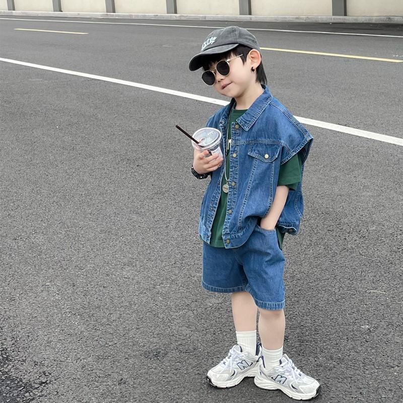 Hàng Mới Về Bộ Áo Khoác Cotton + Quần Short Denim Dáng Rộng Phong Cách Hàn Quốc Thời Trang Xuân Hè Cho Bé Trai / Gái 5 Món