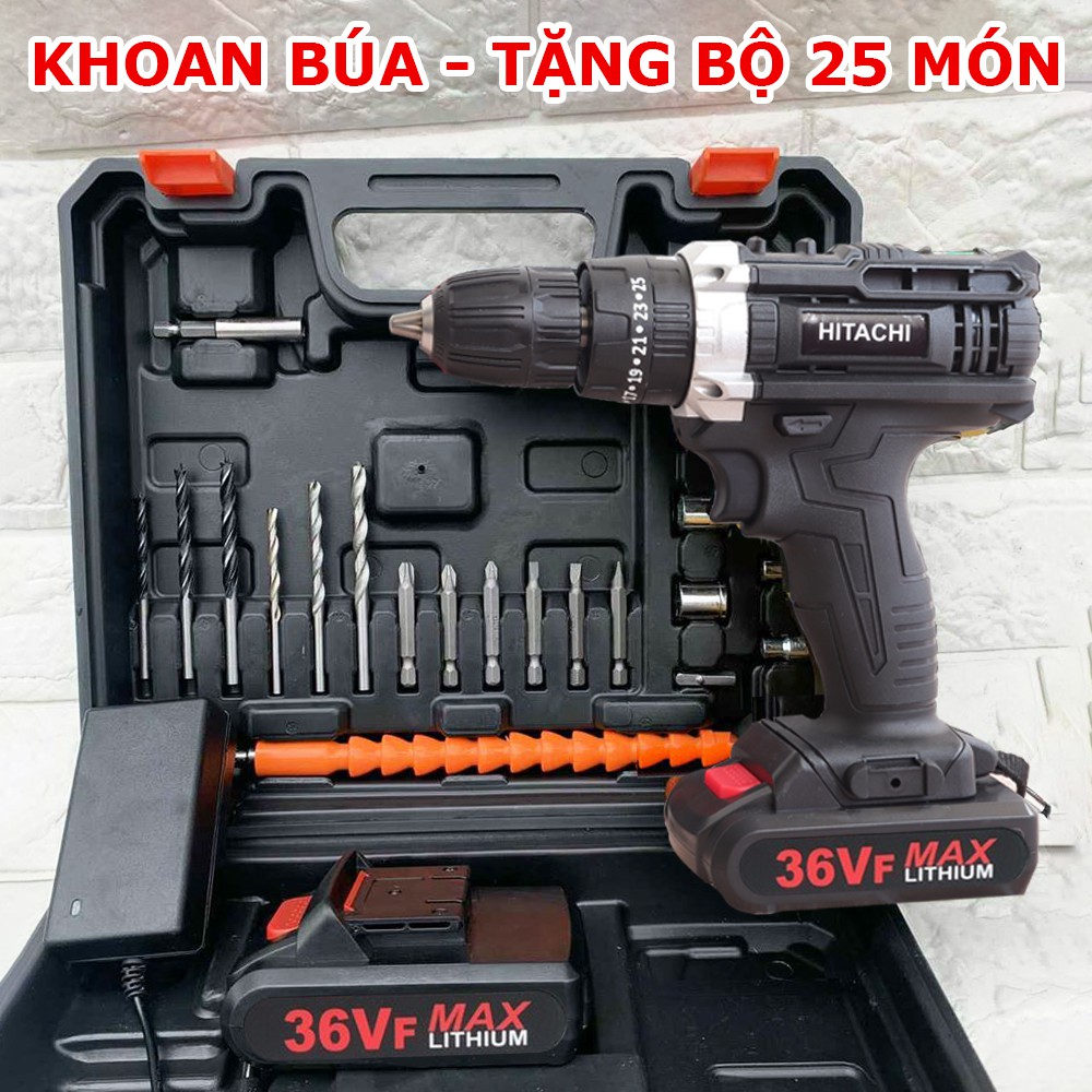 [Tặng bộ 25 mũi khoan] Máy Khoan Pin Hitachi 36v có búa kèm 2 pin chuẩn 5 cell - Máy bắn vít - Máy khoan tường