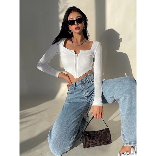 Áo Croptop Tay Dài Dây Kéo Tà Nhọn Ngọc Trinh  Siêu Hot Chất Thun Gân Co Ga