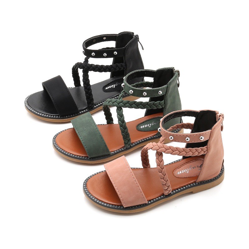 Dép quai hậu bé gái khóa kéo quai chéo dễ thương từ 3-18 tuổi màu Đen - Hồng phấn Dép trẻ em size 27-37