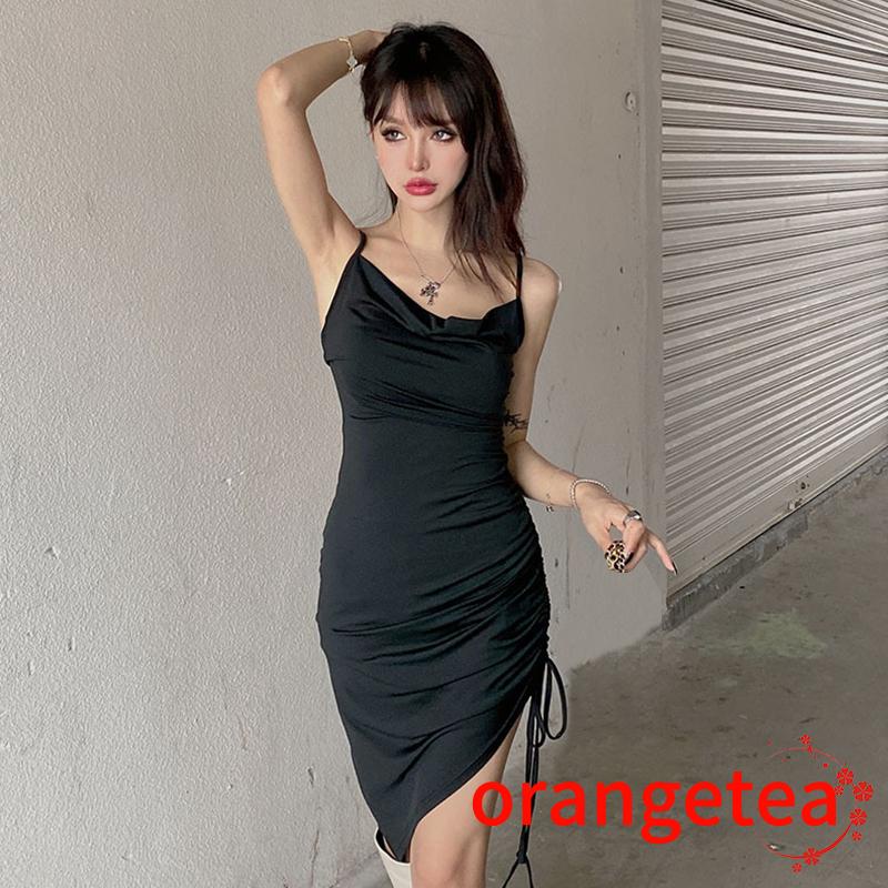 ORT-Women´s Slip Dress, Solid Color Sleeveless Drawstring Tie-Up Irregular Hem Backless Slim Dress