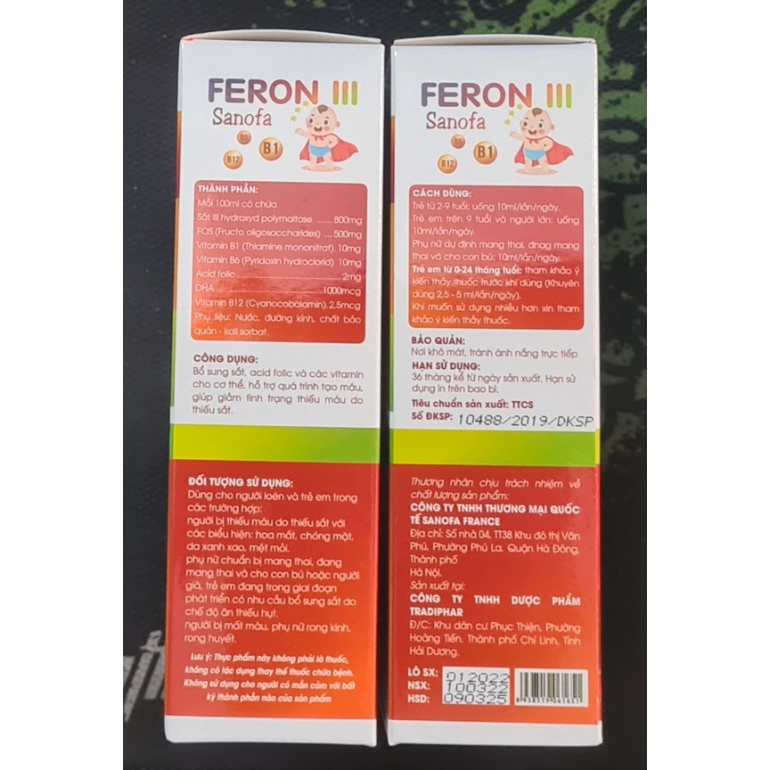 Feron III Sanofa (Hộp 20 ống) - Sắt III dùng cho phụ nữ có thai, trẻ em, người già, người có nhu cầu bổ sung sắt