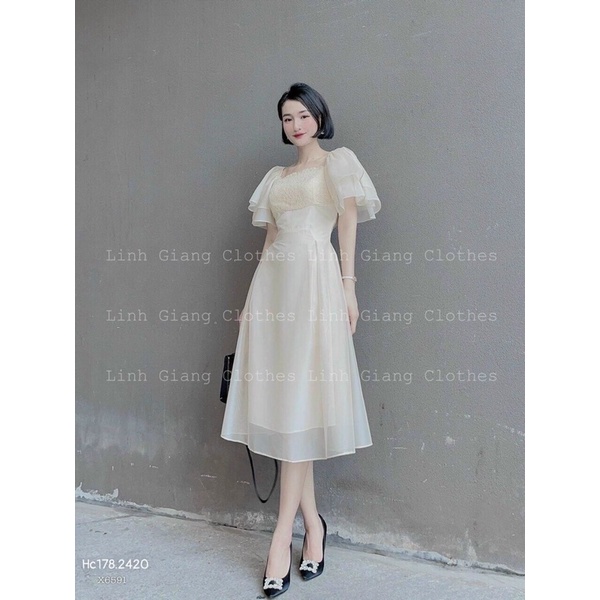HC178- đầm voan tơ màu nude phối ren ngực tay loe đi tiệc