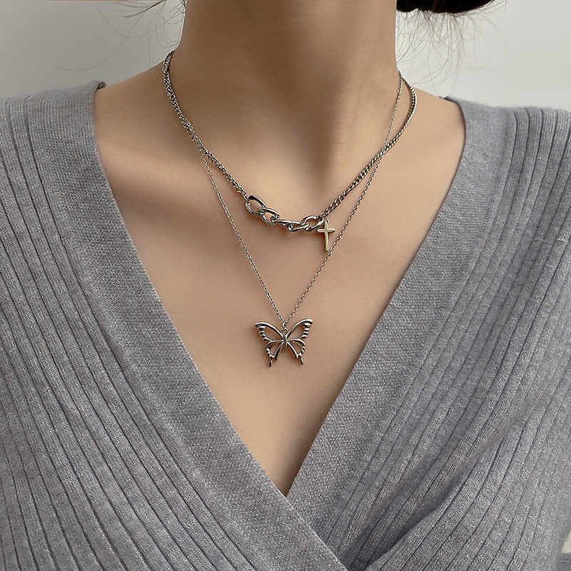 Vòng cổ choker mặt dây chuyền nhiều lớp hình bướm phong cách retro thanh lịch thời trang dành cho nữ
