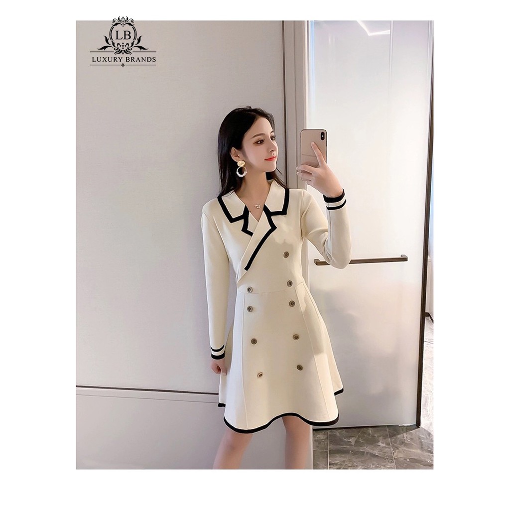 Váy đầm cổ vest blazer dài tay chân váy xòe 2 hàng cúc dọc màu đen trắng ulzzang Hàn Quốc l1