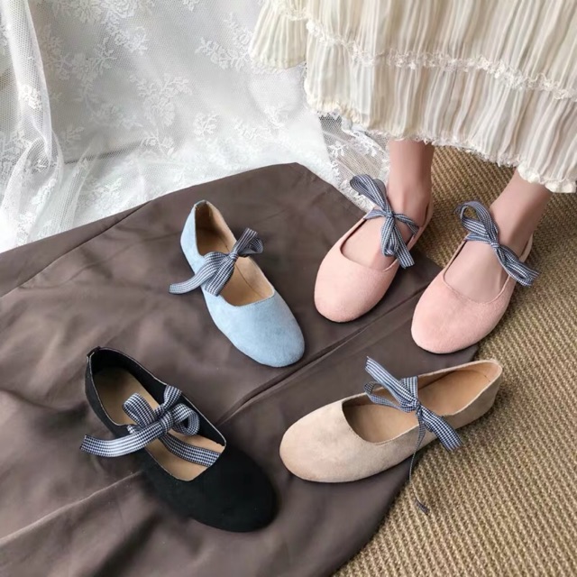 Giày búp bê vải nhung cột nơ