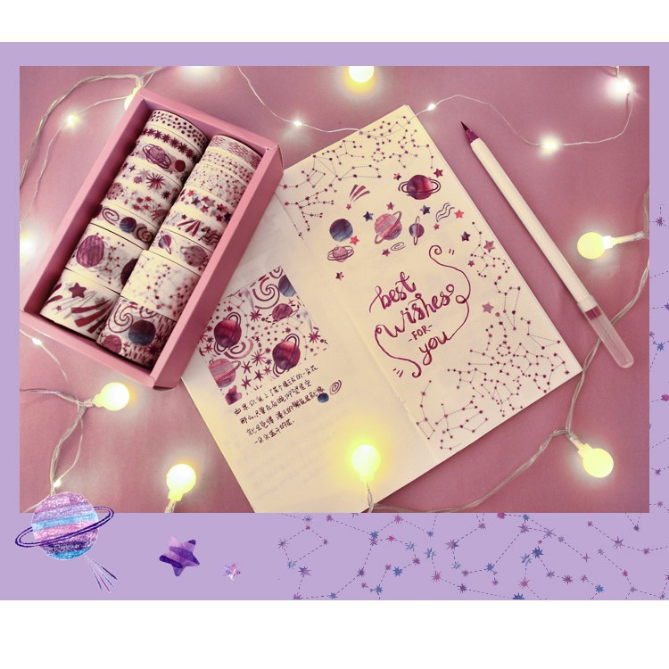HỘP 16 WASHI TAPE + 8 TẤM STICKER TRANG TRÍ SCRAPBOOK, PLANNER