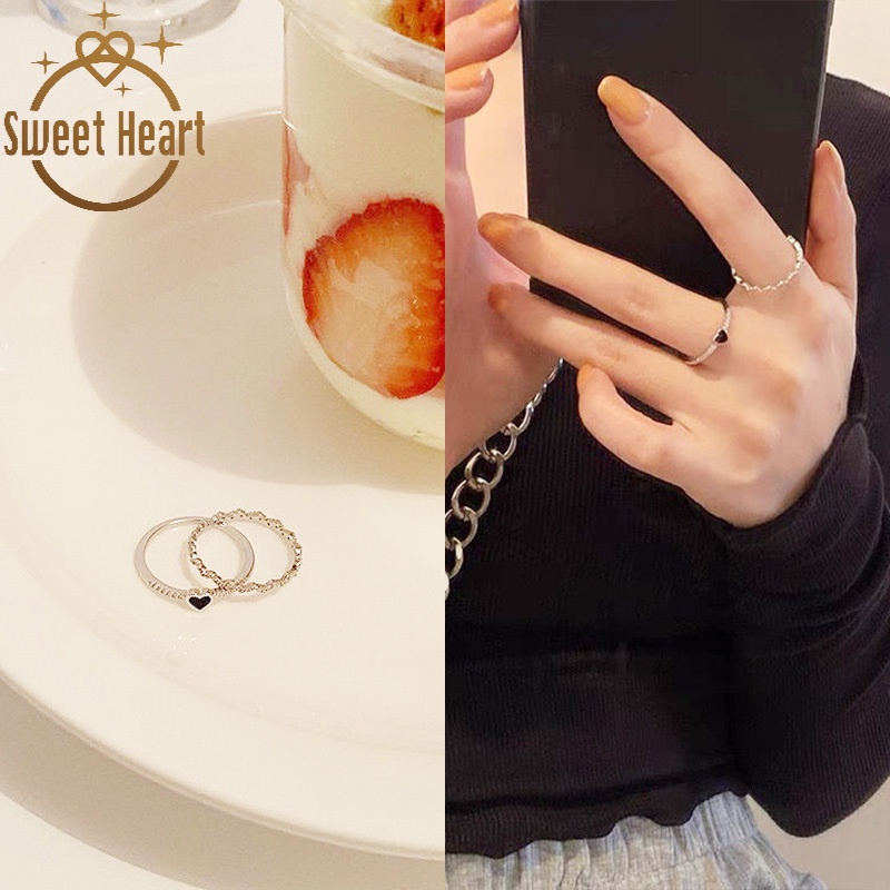 Nhẫn Đính Đá Zircon Hình Trái Tim Màu Đen Phong Cách Hàn Quốc Đơn Giản Thời Trang