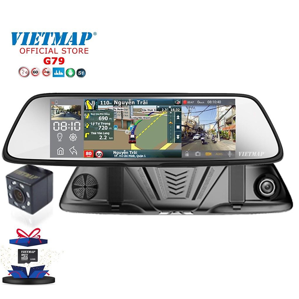 VIETMAP G79 - Camera Hành Trình Ghi Hình Trước Sau+ Bản Đồ Dẫn Đường+ Màn Hình Hiển Thị 3 Khung Hình - hàng chính hãng